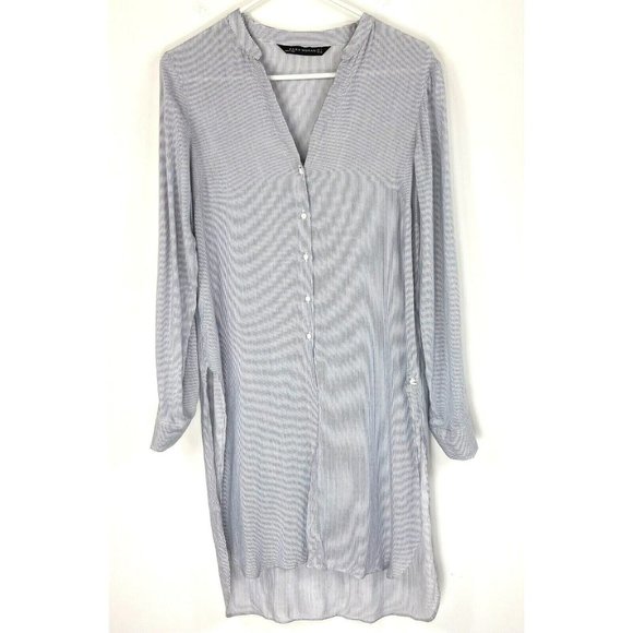 Zara Top Size Small Long Tunic Blue White Stripe Side Slits Beachy Cottagecore - Picture 1 of 6